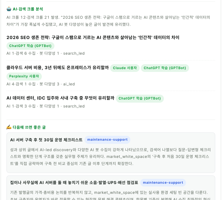 AI 성과 분석 보고서 — 크롤 분석과 다음에 쓰면 좋은 글 주제 추천